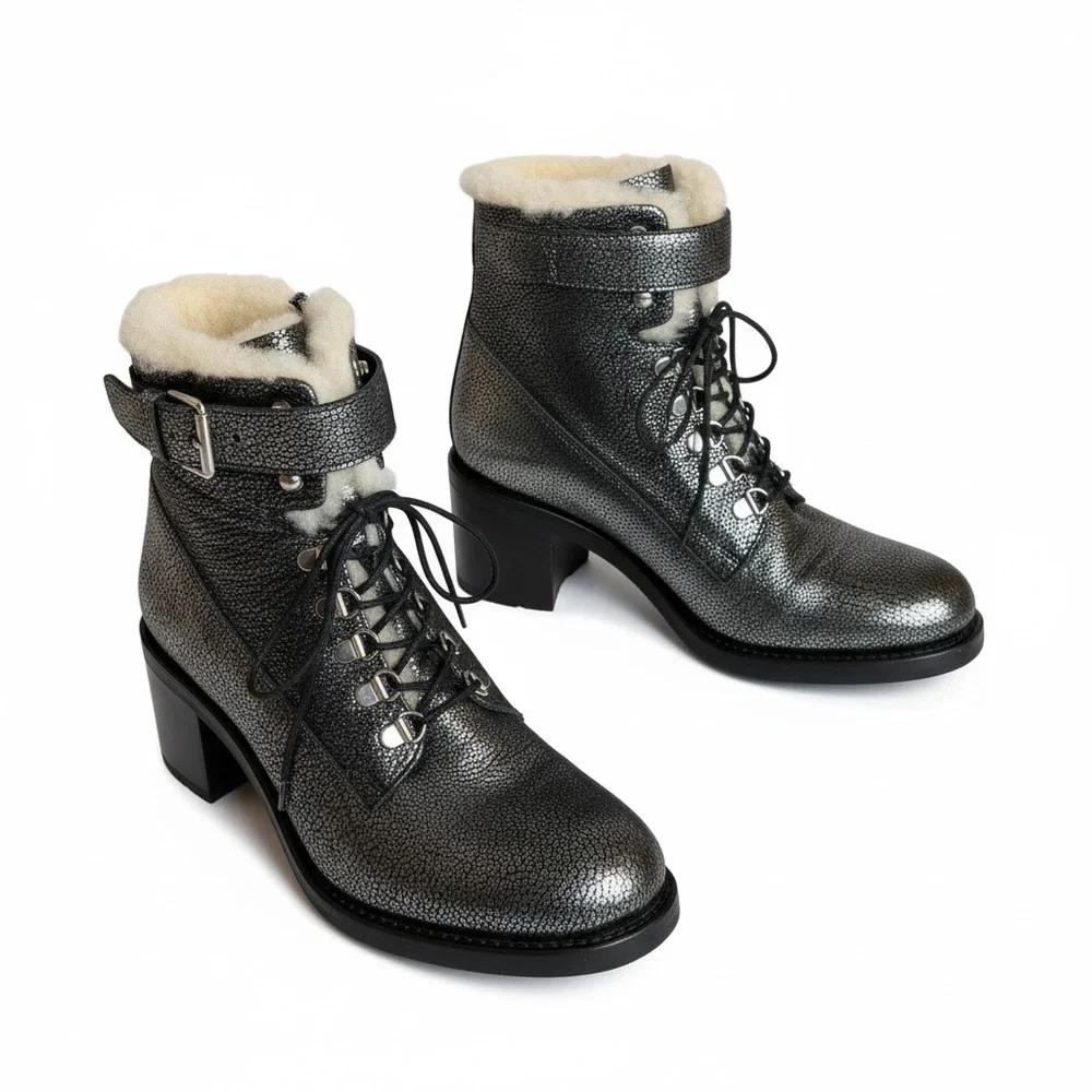 FREE LANCE Paris Shearling Lined Leather Combat Boots EU 39 Silver Metallic - Picture 2 of 14